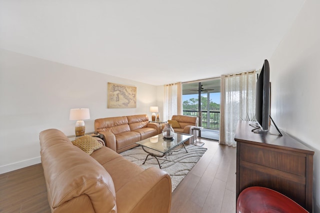 living room with dark hardwood / wood-style floors