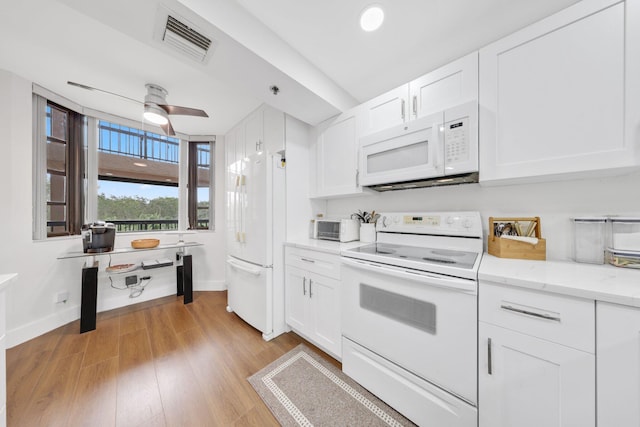 kitchen featuring white cabinetry, ceiling fan, white appliances, and light wood-type flooring