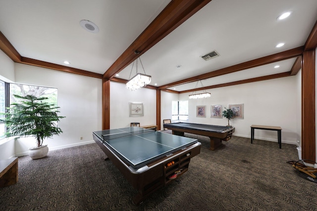 recreation room featuring beam ceiling, pool table, dark carpet, and a notable chandelier