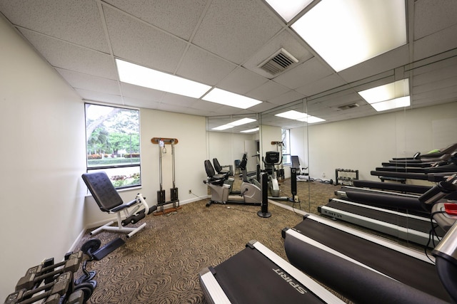 exercise room with carpet flooring and a paneled ceiling