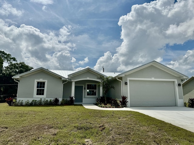 single story home featuring a front yard and a garage