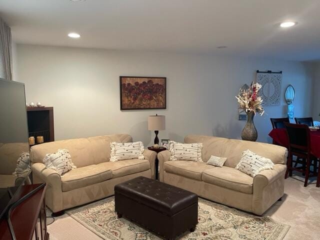 living room featuring light colored carpet