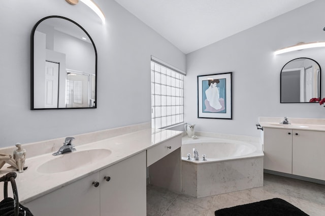 bathroom with tile patterned flooring, vanity, independent shower and bath, and lofted ceiling