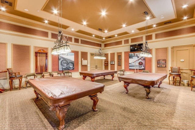 rec room with carpet floors, a towering ceiling, and pool table