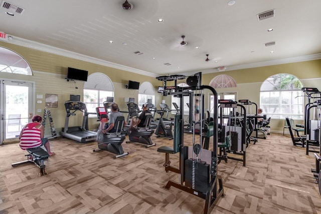 workout area with light carpet, ceiling fan, and ornamental molding