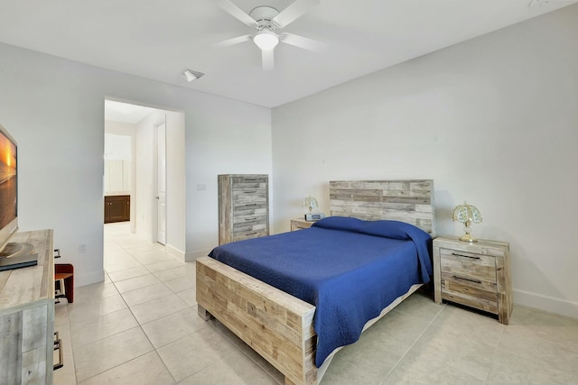 bedroom featuring tile patterned floors and ceiling fan