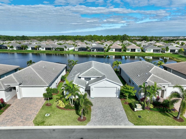 aerial view featuring a water view