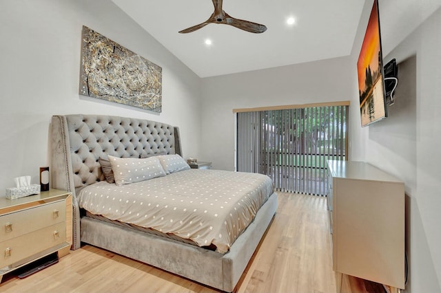 bedroom featuring access to outside, ceiling fan, vaulted ceiling, and light wood-type flooring