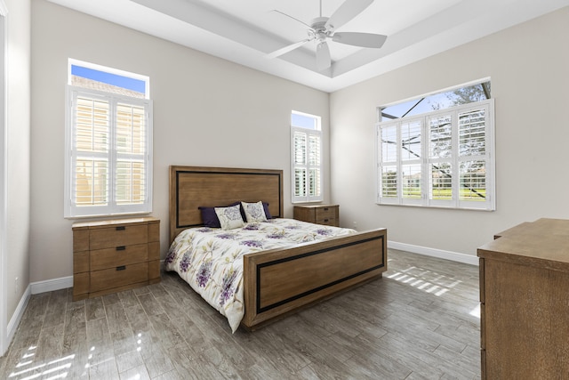 bedroom with a raised ceiling, ceiling fan, and hardwood / wood-style floors