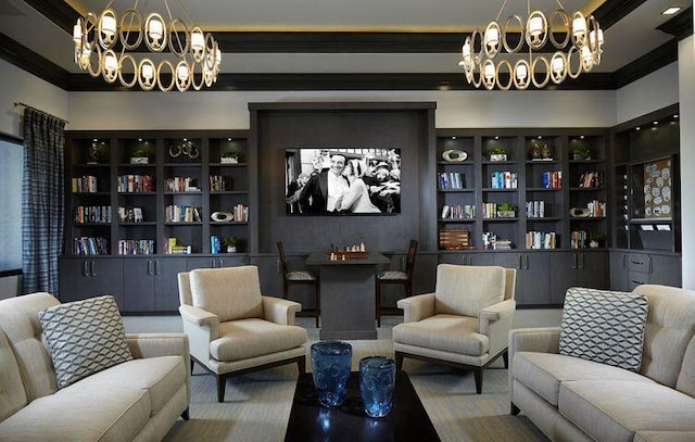 sitting room with an inviting chandelier and crown molding