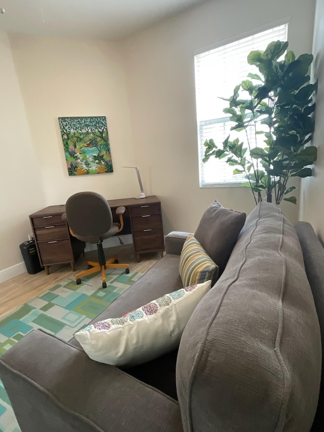 home office with a wealth of natural light and light hardwood / wood-style flooring