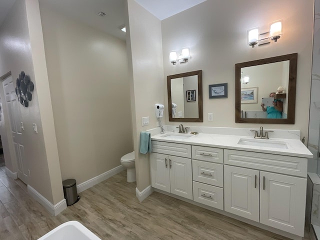 bathroom with vanity, wood-type flooring, and toilet