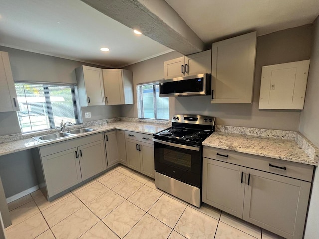 kitchen with appliances with stainless steel finishes, ornamental molding, sink, light tile patterned floors, and electric panel