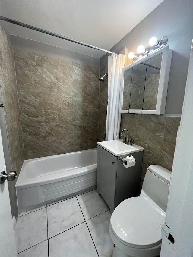 full bathroom with toilet, vanity, shower / tub combo with curtain, and tile walls