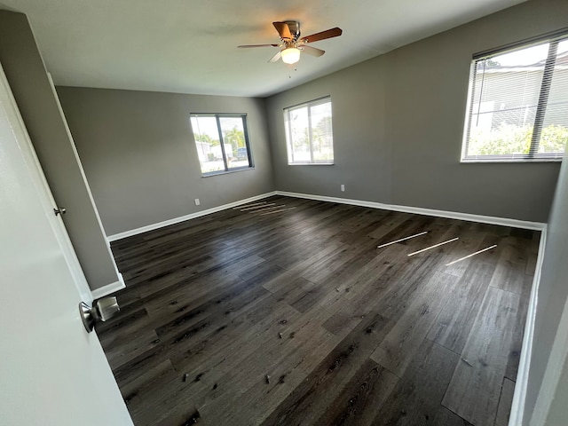 empty room featuring dark hardwood / wood-style floors and ceiling fan