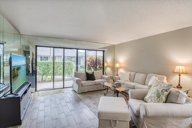 living room featuring light hardwood / wood-style flooring and a textured ceiling