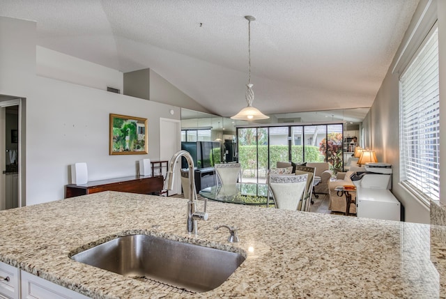 kitchen featuring light stone countertops, vaulted ceiling, a healthy amount of sunlight, and sink