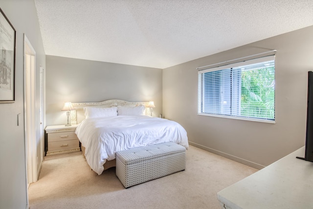 bedroom with a textured ceiling and light carpet