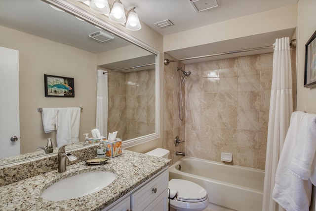 full bathroom with vanity, shower / bathtub combination with curtain, and toilet