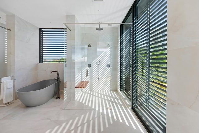 bathroom with shower with separate bathtub