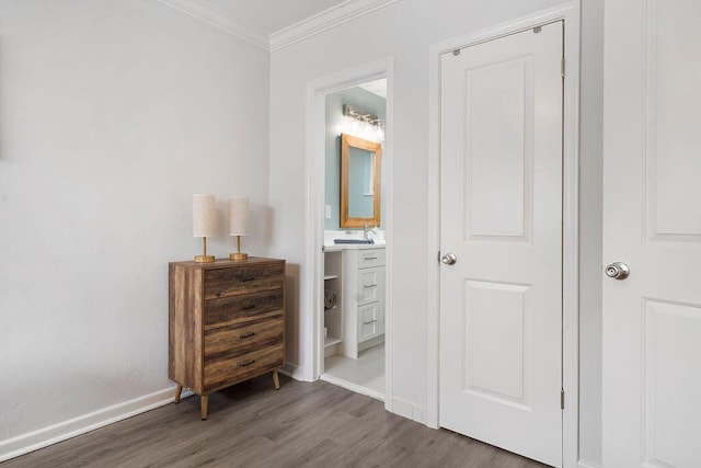 bedroom featuring crown molding, dark hardwood / wood-style floors, sink, and ensuite bath