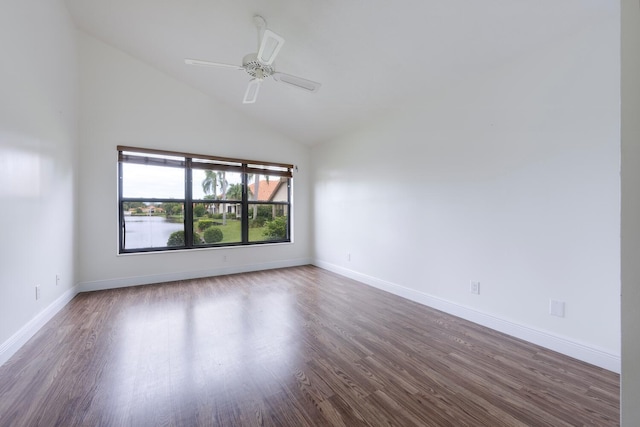 2843 SW Mariposa Cir, Palm City, FL 34990 - spare room with wood finished floors, ceiling fan, baseboards, and high vaulted ceiling