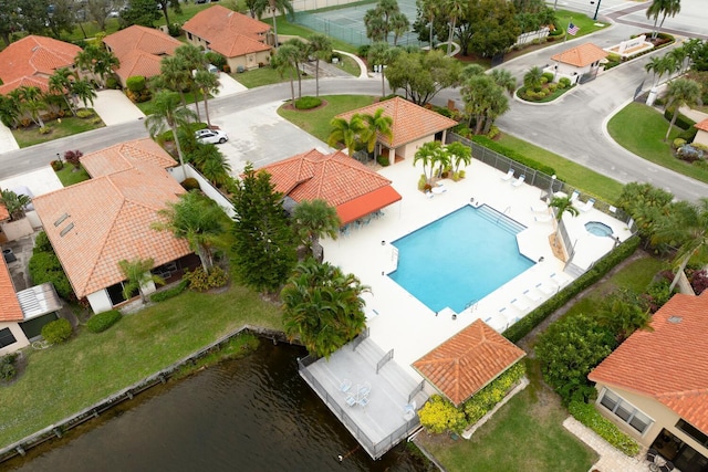 drone / aerial view featuring a water view