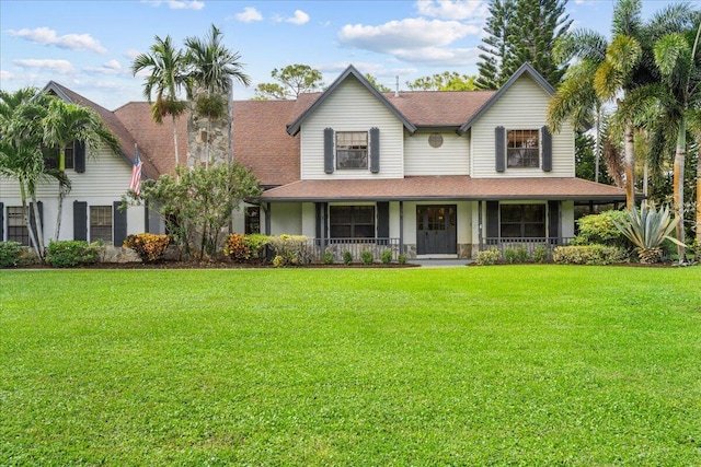 view of front of property with a porch and a front yard