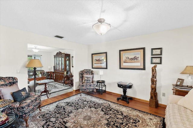 living room featuring a textured ceiling and hardwood / wood-style flooring