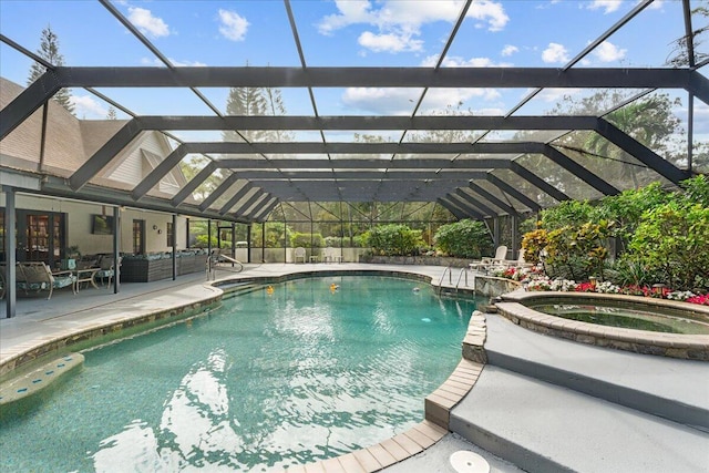 view of swimming pool with outdoor lounge area, an in ground hot tub, a patio, and glass enclosure