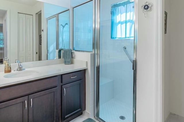 bathroom featuring vanity and a shower with shower door