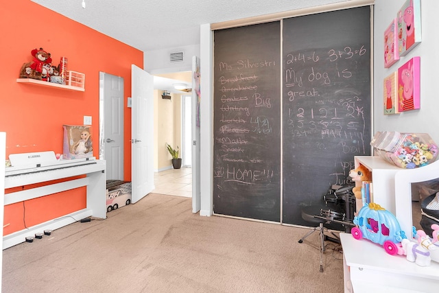 interior space with carpet flooring and a textured ceiling