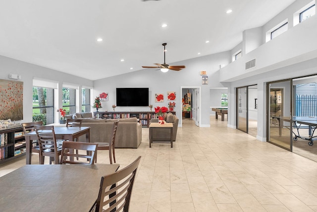 dining space featuring high vaulted ceiling, ceiling fan, and pool table