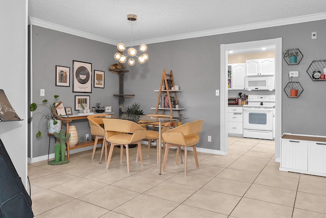 tiled dining area featuring crown molding, a textured ceiling, and a notable chandelier