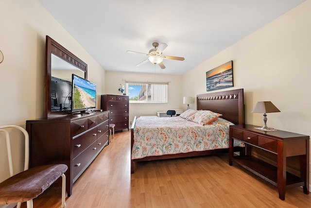 bedroom featuring ceiling fan and light wood-type flooring