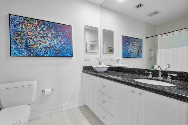 bathroom featuring walk in shower, tile patterned flooring, vanity, and toilet