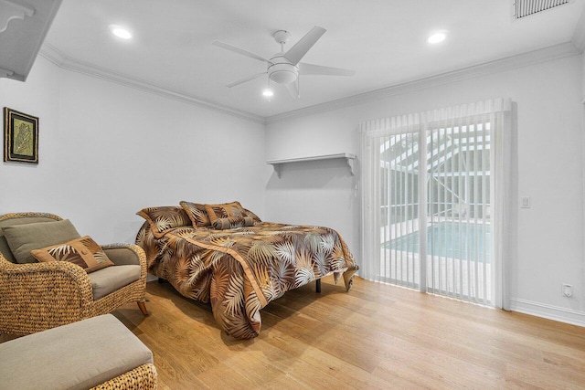 bedroom with ceiling fan, light wood-type flooring, crown molding, and access to outside