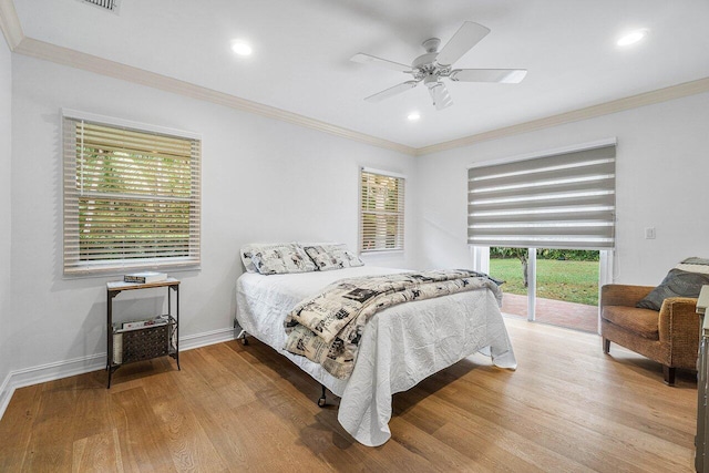 bedroom featuring access to exterior, light wood-type flooring, ceiling fan, and crown molding