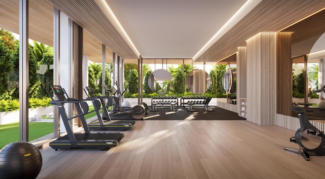 workout area with hardwood / wood-style floors