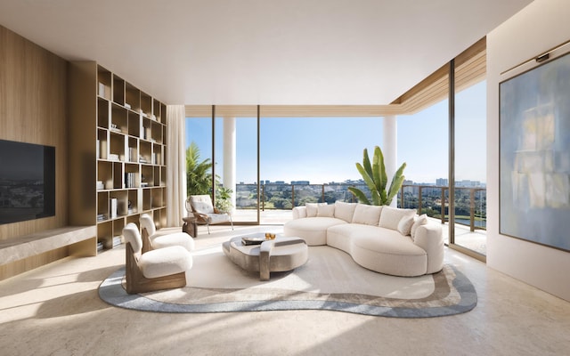 living area with finished concrete flooring and a wall of windows