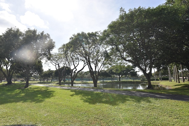 view of community featuring a lawn and a water view