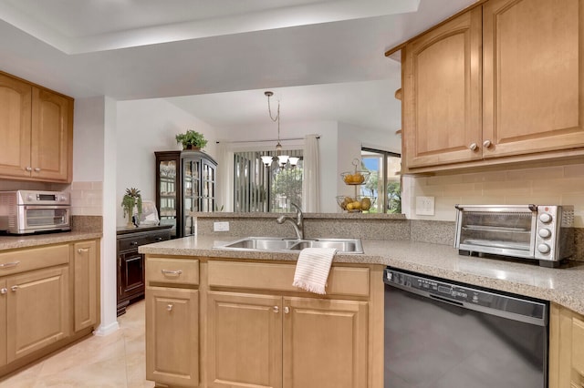 kitchen with backsplash, sink, a notable chandelier, black dishwasher, and hanging light fixtures