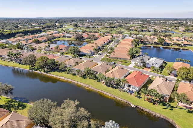 drone / aerial view featuring a water view