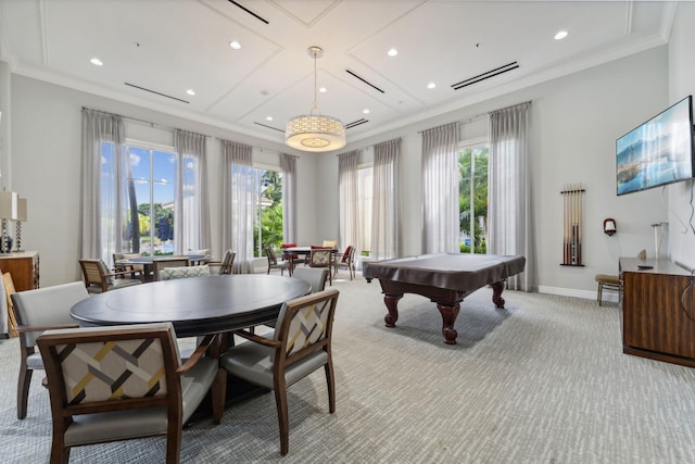 recreation room featuring coffered ceiling, pool table, crown molding, and light colored carpet