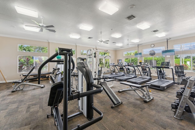 exercise room with ceiling fan, crown molding, and a textured ceiling