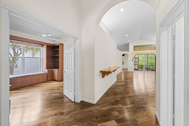 corridor featuring plenty of natural light, dark hardwood / wood-style floors, and lofted ceiling