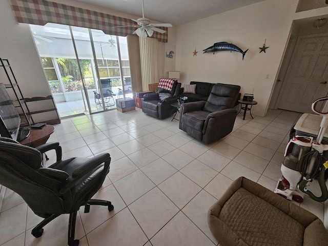 living room featuring ceiling fan and light tile patterned flooring