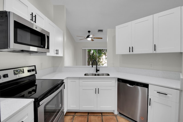 kitchen featuring stainless steel appliances, white cabinetry, ceiling fan, and sink