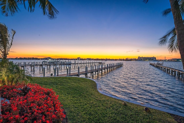 dock area featuring a water view and a yard