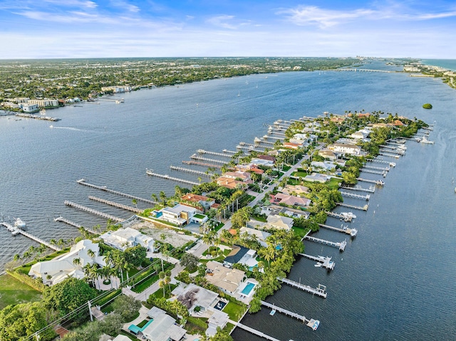 drone / aerial view featuring a water view